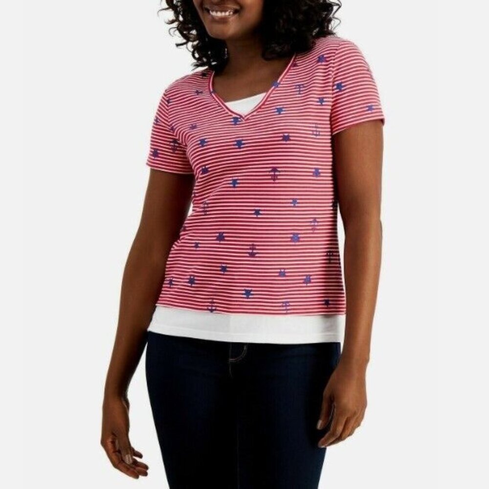 Karen Scott Womens Petite PXL New Red Amore Sailor Short Sleeve Top NWT BV71